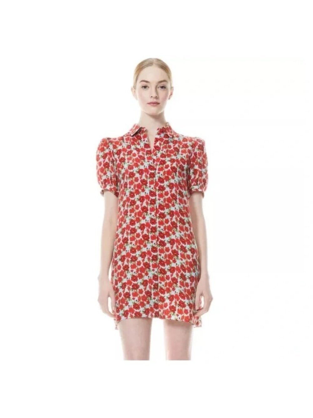 Alice + Olivia Large Red Puff Sleeve Button Front Short Dress Boho Floralcore